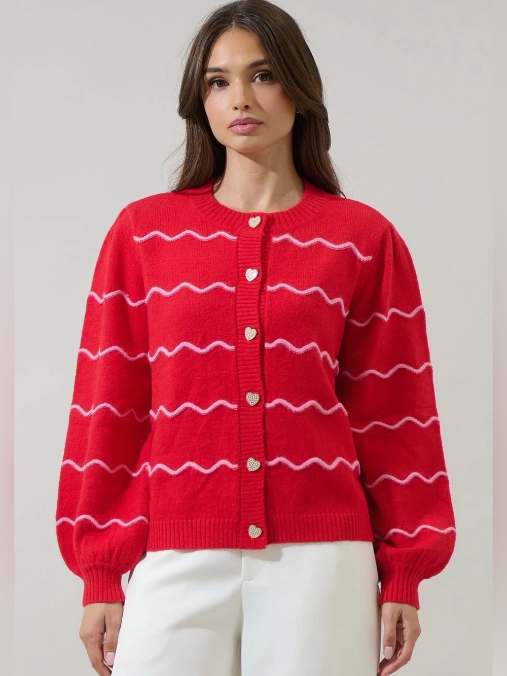 SugarLips Seniry Wavy Stripe Balloon Sleeve Cardigan Red & Pink Medium